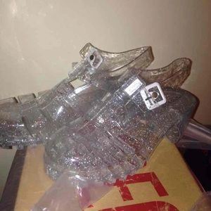 Clear Glitter jelly sandals with block heel